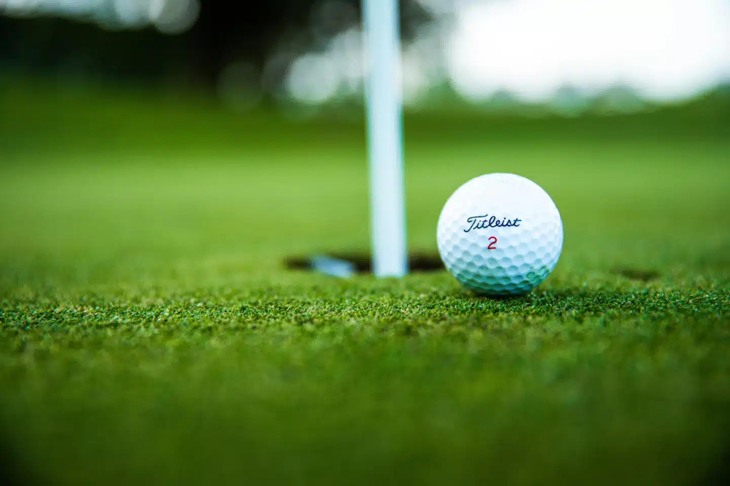 A golf ball sits near the hole